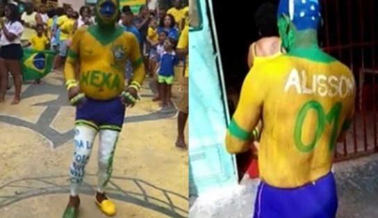 Com o corpo todo pintado de verde e amarelo, baiano espera hexa da Seleção