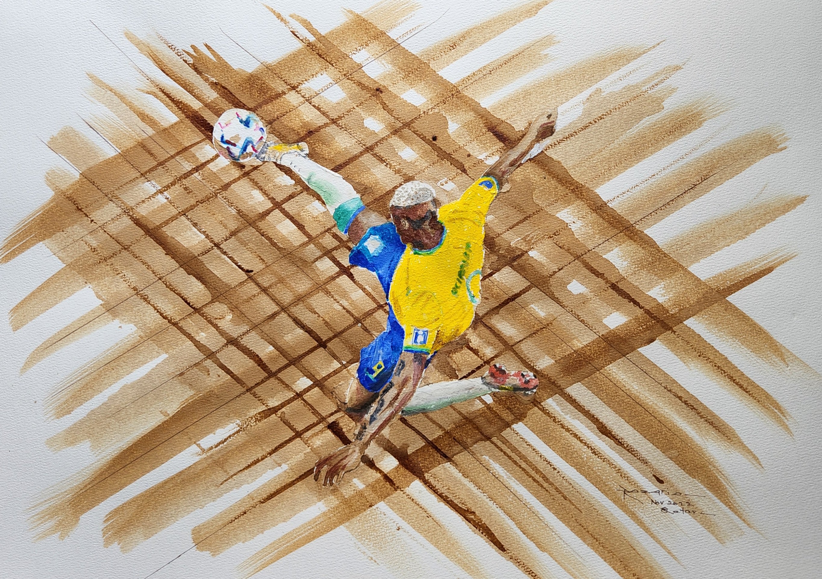 Artista do Qatar homenageia Brasil e pinta gol de Richarlison na Copa do Mundo