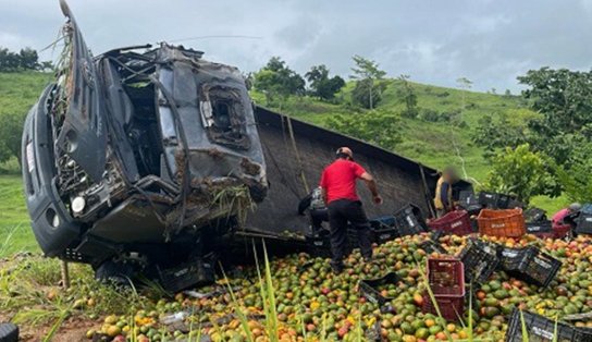 Caminhão que transportava mangas tomba na BR-330 e populares pegam frutas