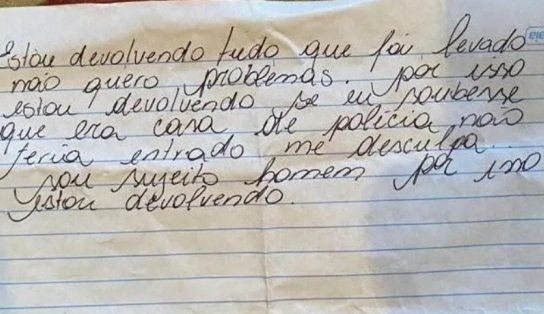 Após furto em casa de delegado, ladrão deixa bilhete: "Se eu soubesse, não teria entrado"