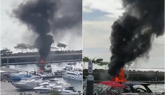 Vídeo: lancha pega fogo em Marina e coluna de fumaça surpreende 