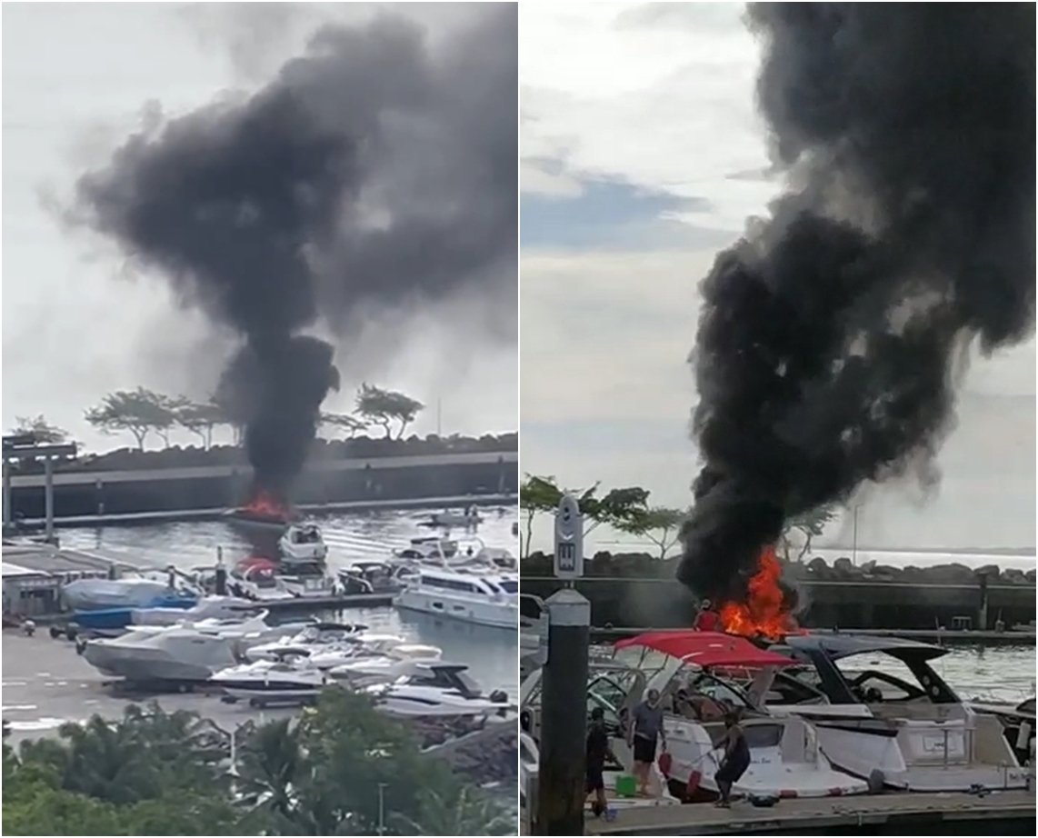 Vídeo: lancha pega fogo em Marina e coluna de fumaça surpreende 