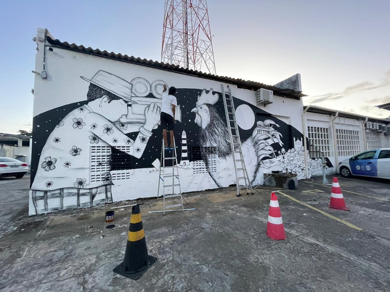 A câmera, o galo e a Bahia: novo mural da Aratu traz o preto e o branco da arte de Alaído