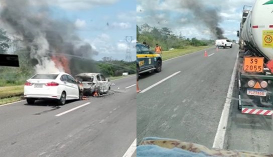 Dois veículos ficam em chamas após acidente na BR-324, sentido Feira de Santana 