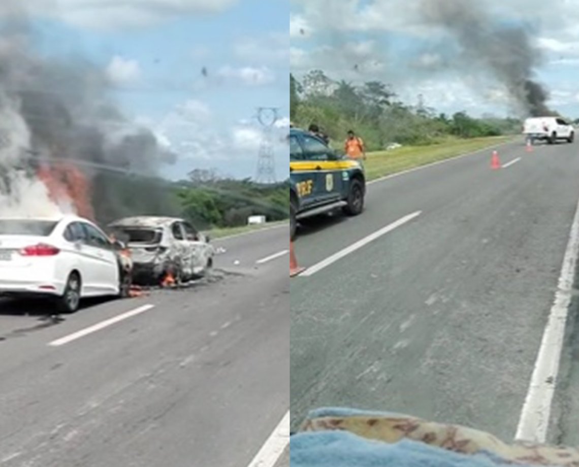 Dois veículos ficam em chamas após acidente na BR-324, sentido Feira de Santana 