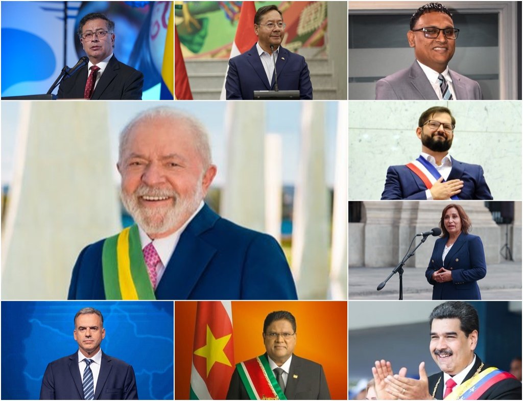 Petro, Arce, Ali, Boric, Boluarte, Maduro, Santokhi, Orsi e Lula - Reprodução/X e Facebook