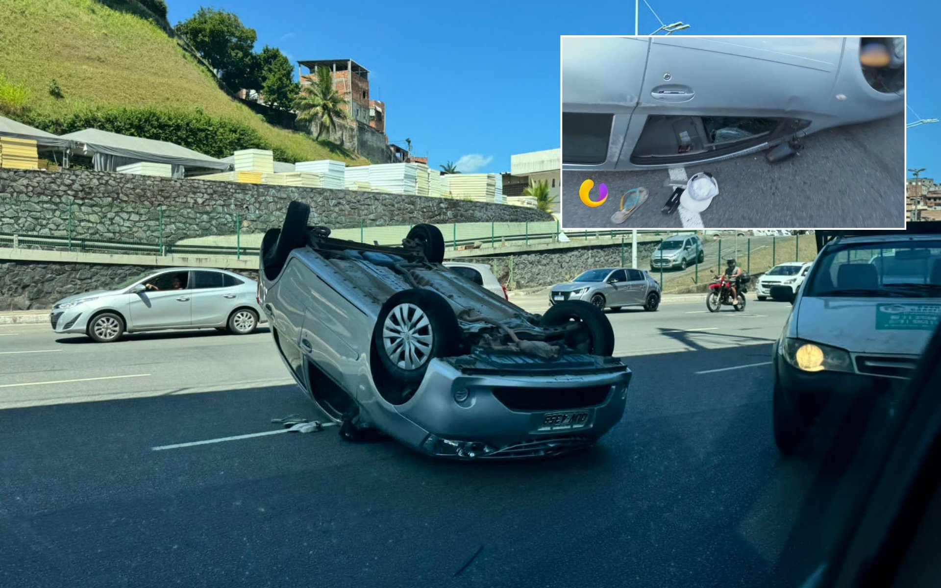 Criminosos em fuga capotam carro após arrastão na Avenida Bonocô