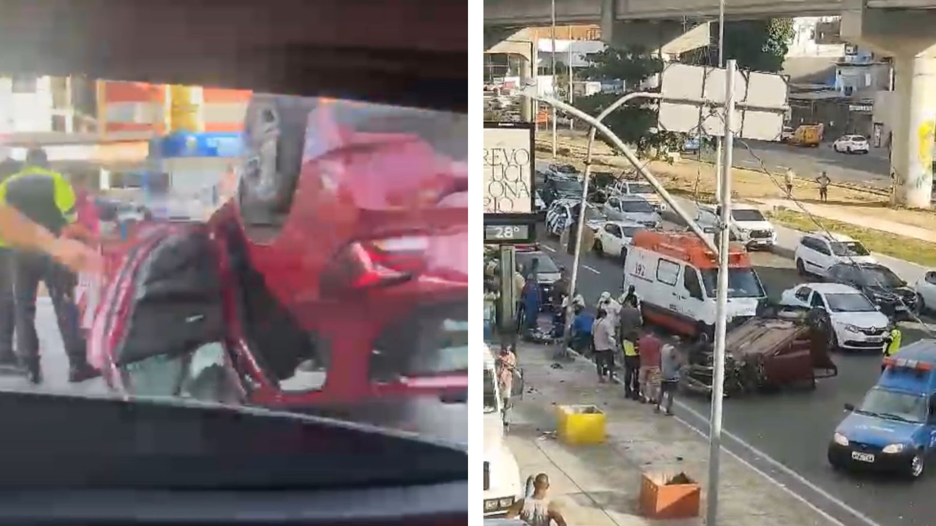 Carro capota na avenida Bonocô; dois veículos colidiram na mesma via