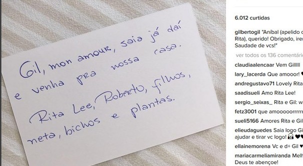 “VENHA PARA NOSSA CASA”: Internado, Gilberto Gil recebe bilhete carinhoso de Rita Lee