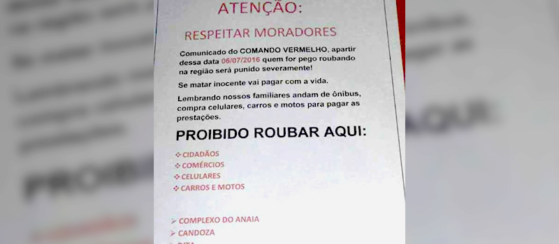 COMANDO DO TRÁFICO: Criminosos ?proíbem? mortes e assaltos em comunidade carioca