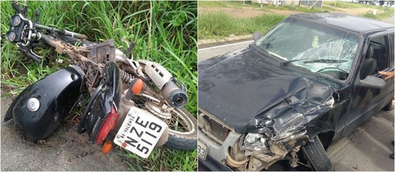 ACIDENTE COM VÍTIMA: Colisão frontal entre carro e moto deixa homem com fratura exposta no Km 53