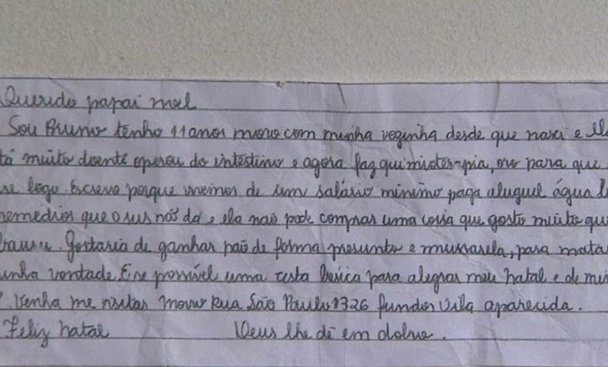 LEIA NA ÍNTEGRA: Menino de 11 anos pede pão, queijo e presunto de presente de Natal