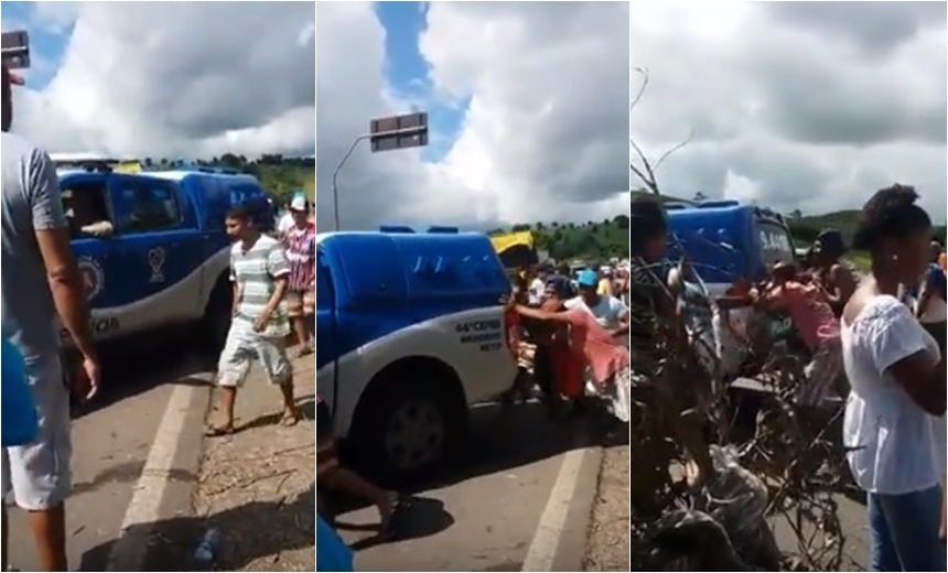 Vídeo: viatura da PM sofre pane e é empurrada por caminhoneiros na Bahia