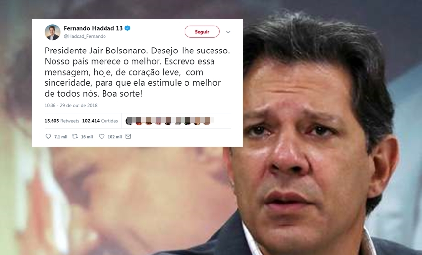 Um dia após derrota, Haddad deseja &#8216;sucesso&#8217; a Bolsonaro pelo Twitter