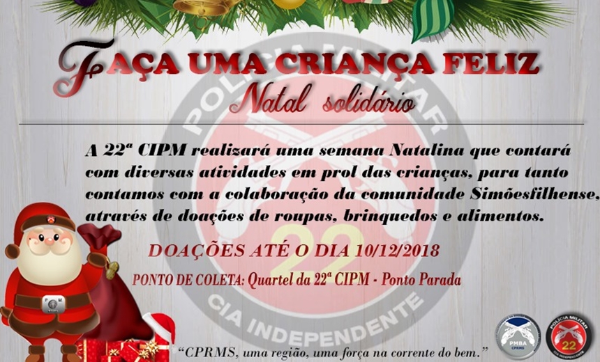 PM pede doações para semana do &#8220;Natal Solidário&#8221; em Simões Filho; veja como ajudar