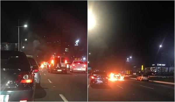 VÍDEO: carro pega fogo próximo a shopping na Avenida Paralela