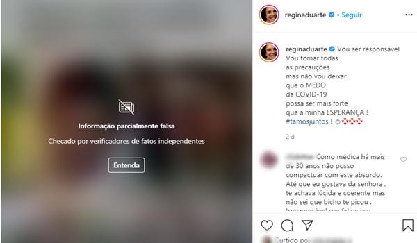 Rede social classifica postagem de Regina Duarte sobre cloroquina como "parcialmente falsa"