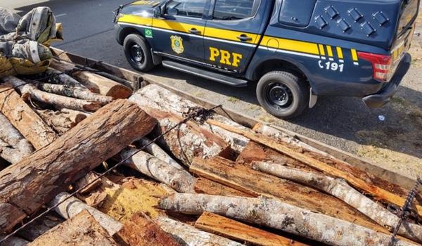 PRF apreende caminhão com carga de madeira em Jequié, na Bahia 