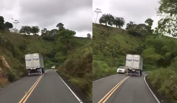 Motorista de caminhão é flagrado dirigindo de forma arriscada e quase provoca acidente na Bahia; assista