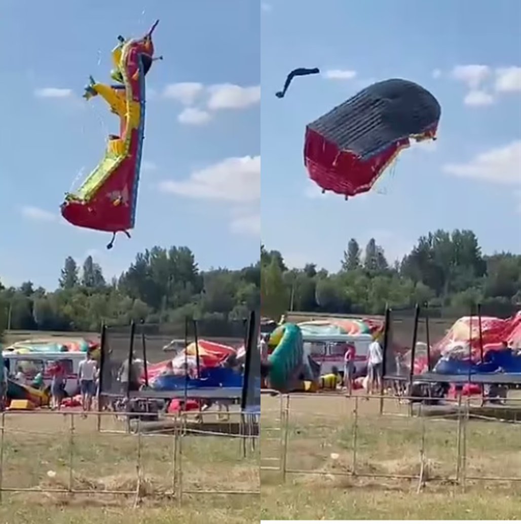 "Voar, voar, subir, subir": vento leva brinquedos infláveis, que giram no ar e deixam feridos; vídeo mostra ação 