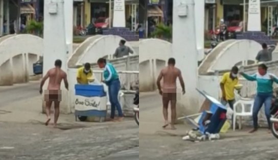 Sem roupas, homem anda pelo Centro de cidade baiana, derruba banca e é filmado; "é coisa que 'nós vê' nessa Mutuípe"