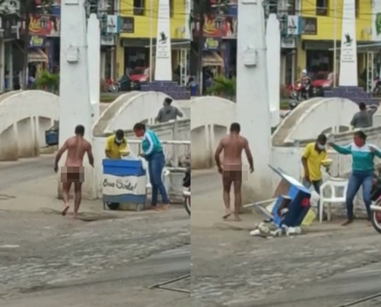 Sem roupas, homem anda pelo Centro de cidade baiana, derruba banca e é filmado; "é coisa que 'nós vê' nessa Mutuípe"