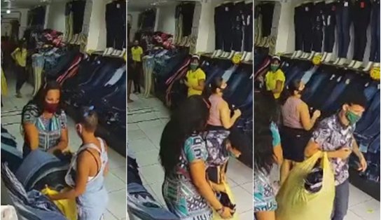 VEJA VÍDEO: 'Na cara dura', trio enche sacolas e rouba várias calças jeans em loja na Avenida Sete