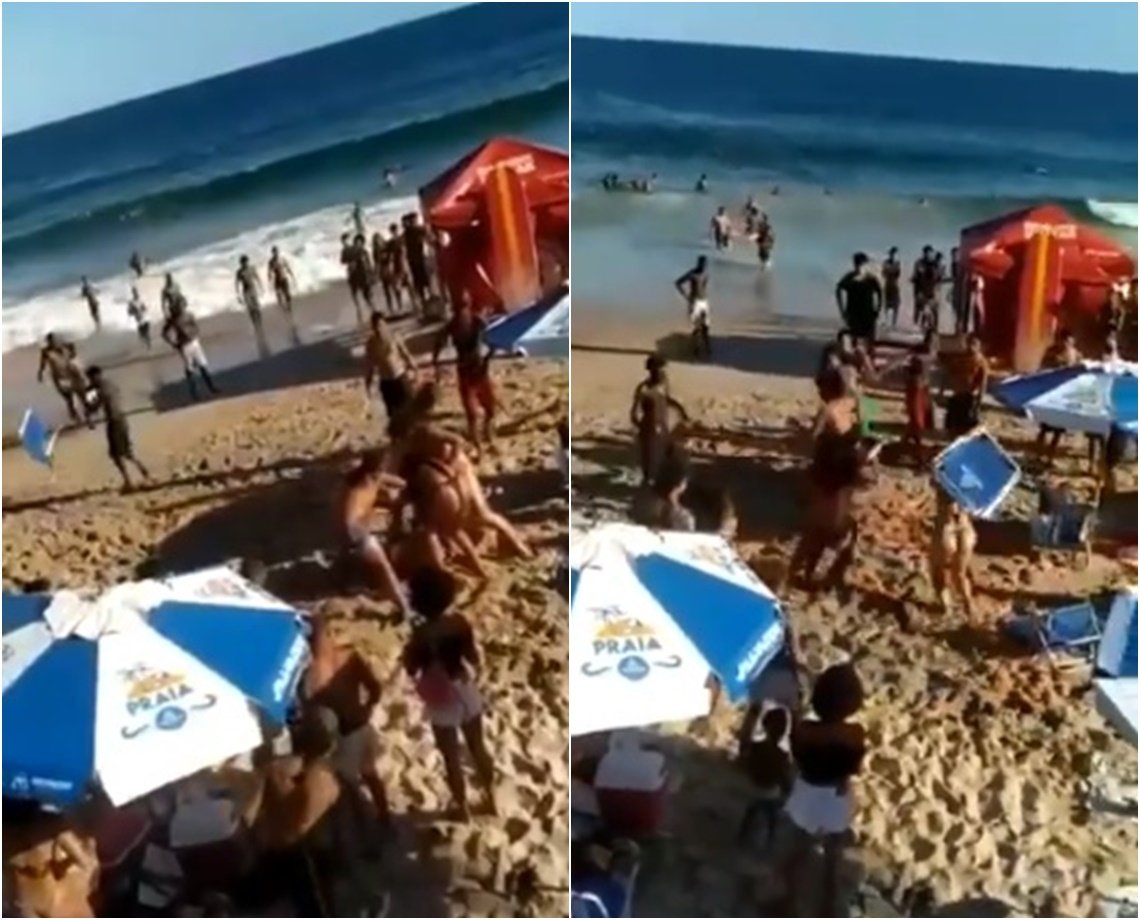 VÍDEO: briga generalizada tem puxão de cabelo e arremesso de cadeira na praia da Barra; homem foi detido