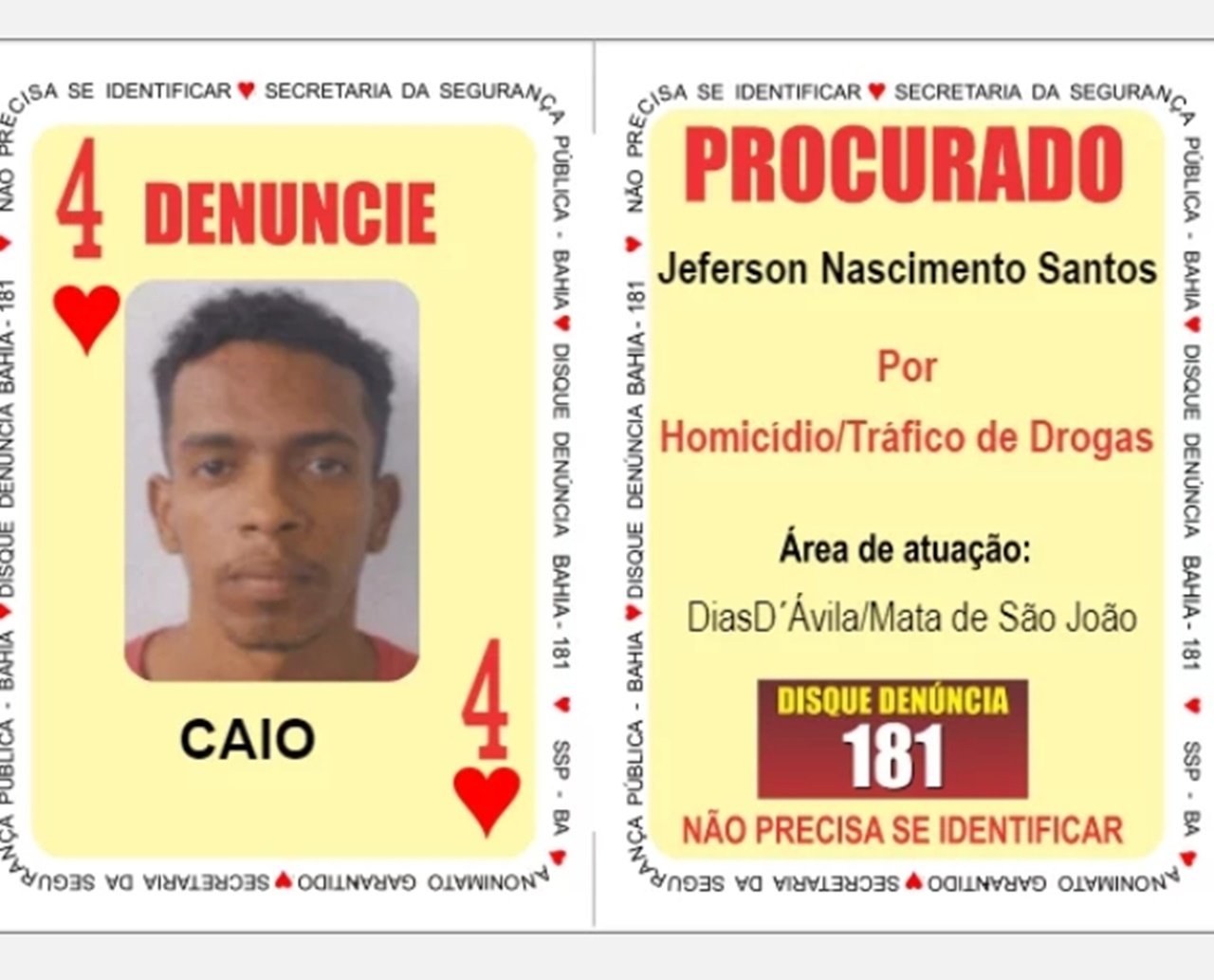 Quatro de Copas do Baralho do Crime, traficante morre em confronto com a polícia, em Camaçari