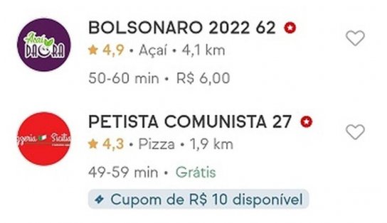 Restaurantes surgem no iFood com nomes alterados: 'Pizzaria: Lula Ladrão', 'Sorveteria: Bolsonaro 2022' ; entenda polêmica