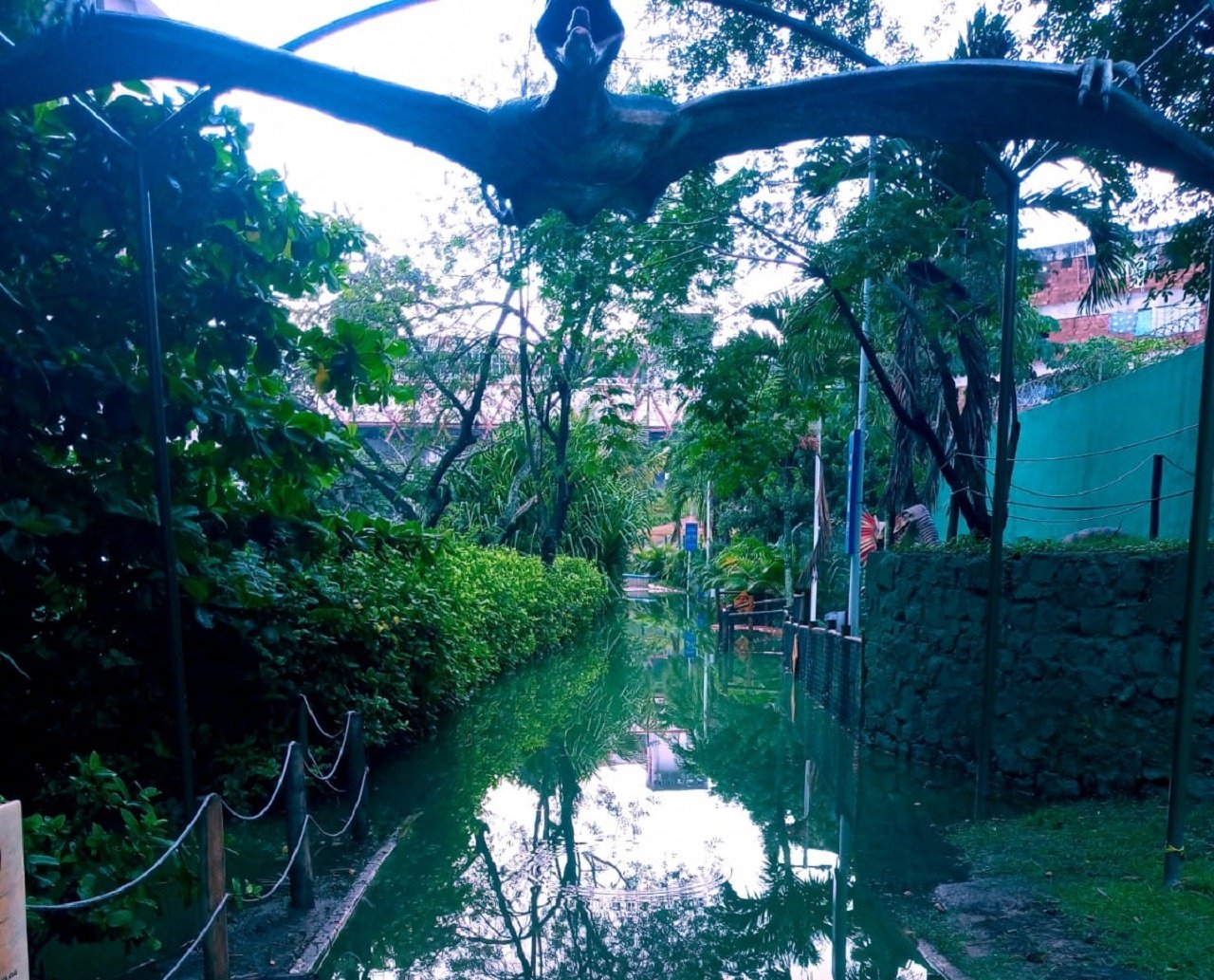 Inundado pela intensidade da chuva que cai em Salvador, Parque Lagoa dos Dinossauros está interditado