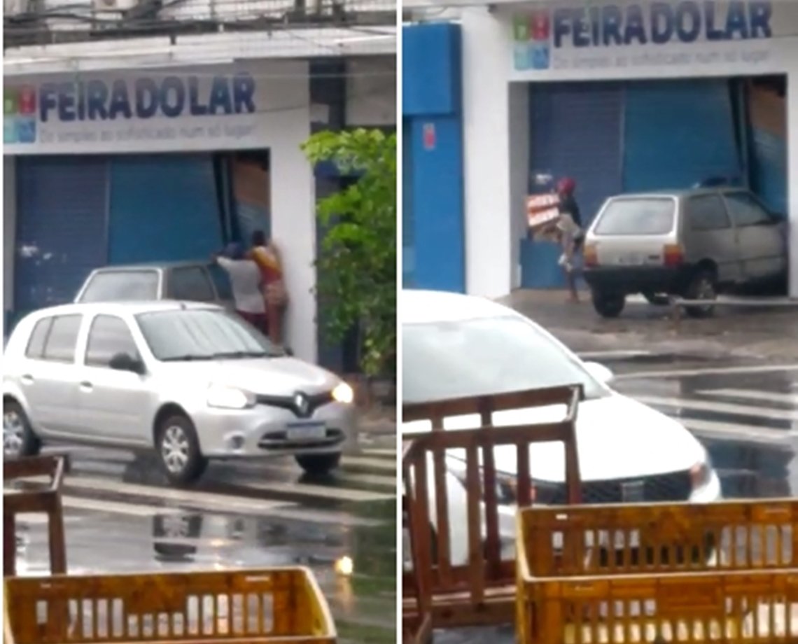 VÍDEO: Grupo saqueia loja na Calçada após incidente de carro danificar porta do estabelecimento