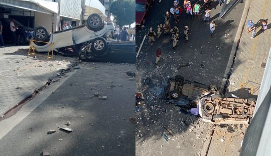 Urgente! Dois carros caem do quinto andar de edifício garagem no bairro do Comércio; ao menos uma pessoa se feriu