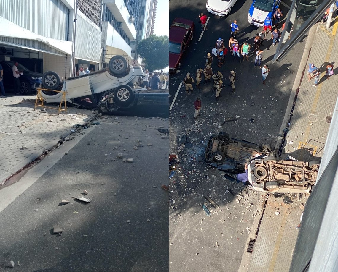 Urgente! Dois carros caem do quinto andar de edifício garagem no bairro do Comércio; ao menos uma pessoa se feriu