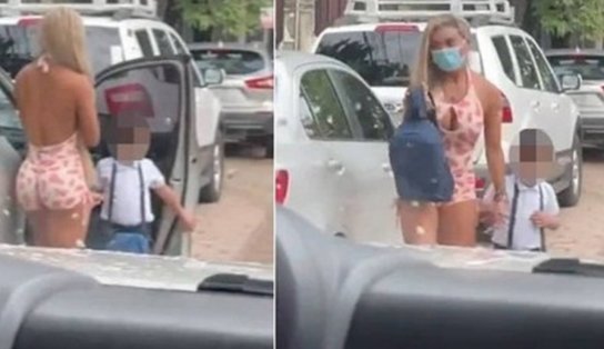 Mulher é alvo de ataques nas redes por usar macaquinho fitness para levar filho a escola