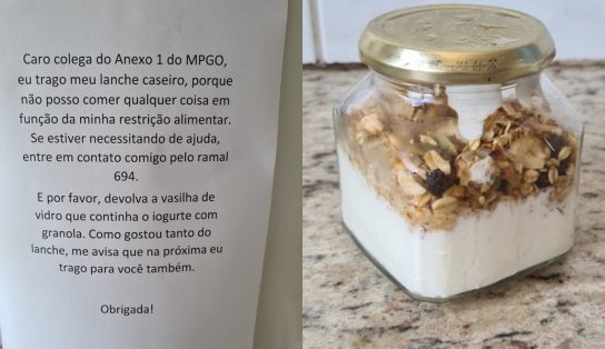 Aviso de roubo de marmitas no MP de Goiás viraliza: "como gostou tanto, na próxima trago pra você"