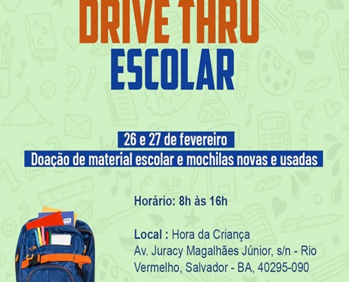 Drive-Thru recolhe doações de materiais escolares neste fim de semana em Salvador; saiba como ajudar