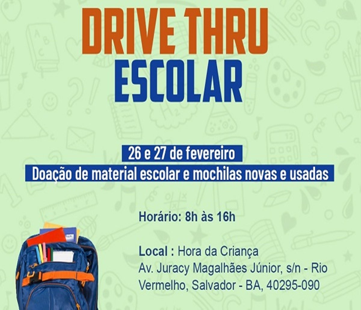 Drive-Thru recolhe doações de materiais escolares neste fim de semana em Salvador; saiba como ajudar