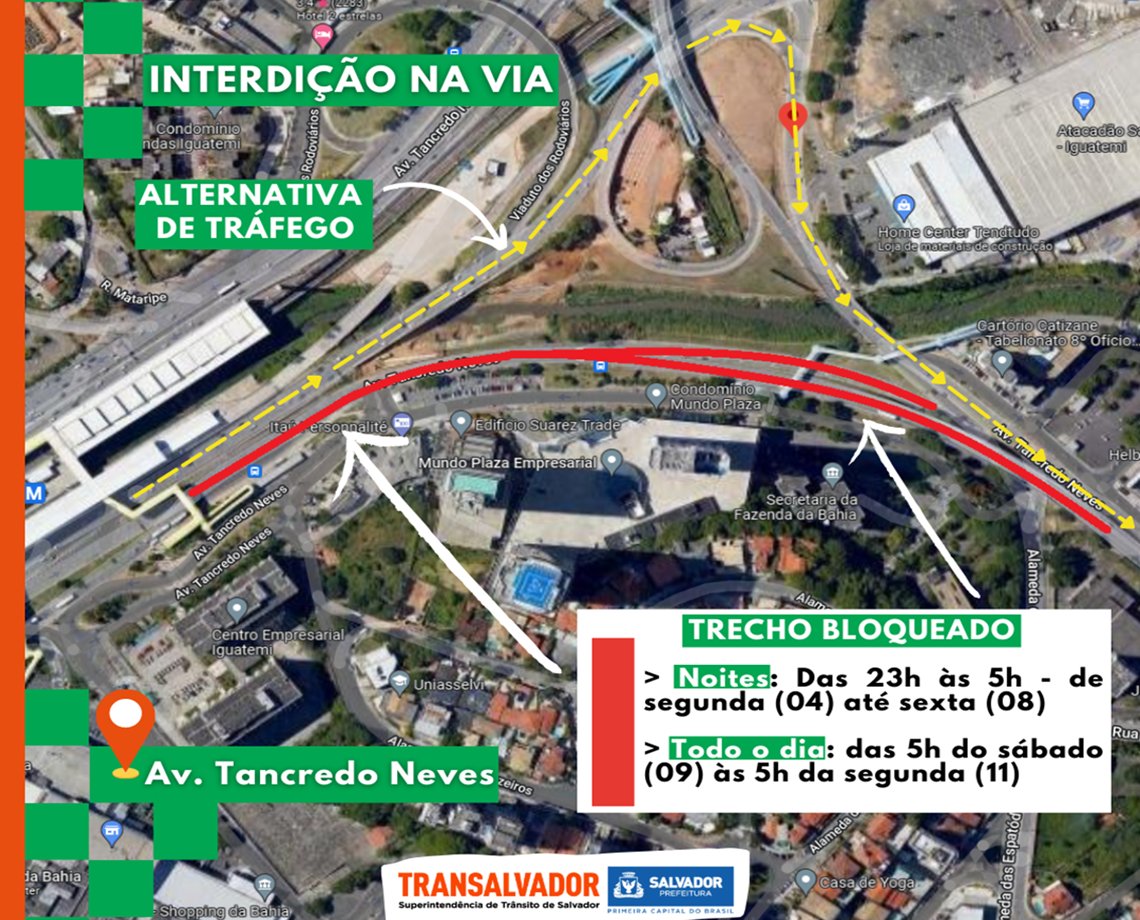 Trechos da Av. Tancredo Neves terão trânsito alterado a partir deste sábado; saiba o que muda