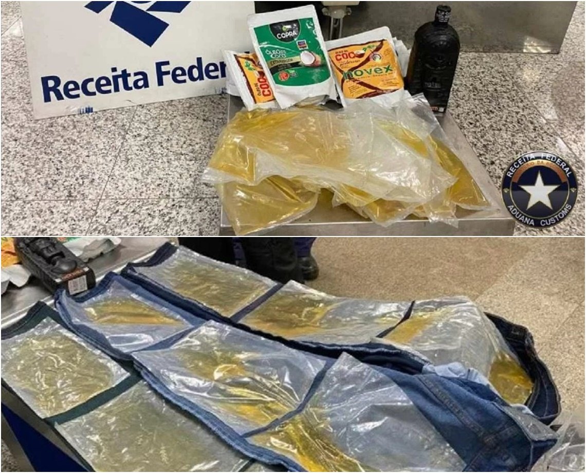 Carga de cocaína na forma líquida é apreendida em aeroporto brasileiro; sacos estavam colados em calça