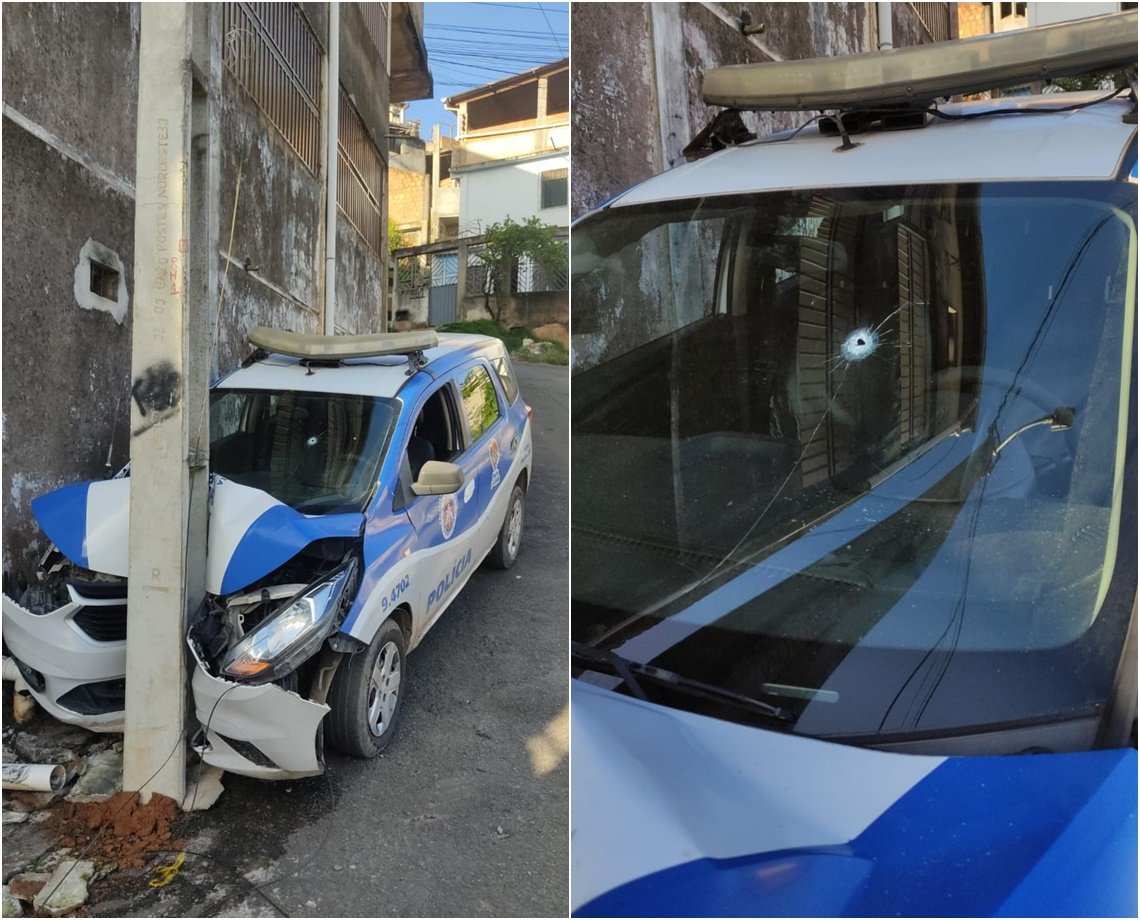 Viatura da PM é alvejada e acaba batendo em poste durante abordagem a motociclista  