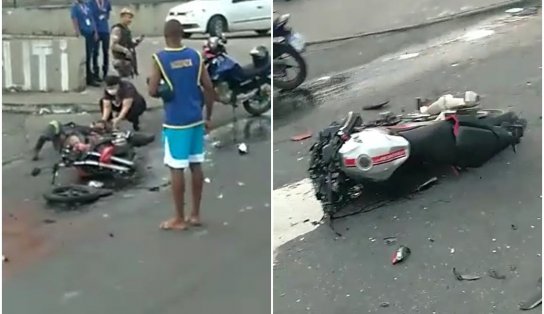 Acidente entre motos deixa três feridos em frente a supermercado no Cabula neste domingo