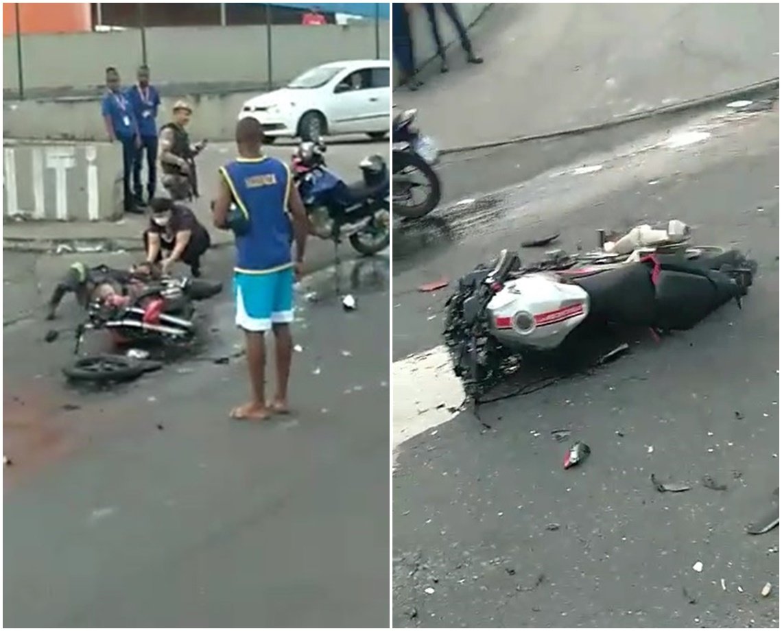 Acidente entre motos deixa três feridos em frente a supermercado no Cabula neste domingo