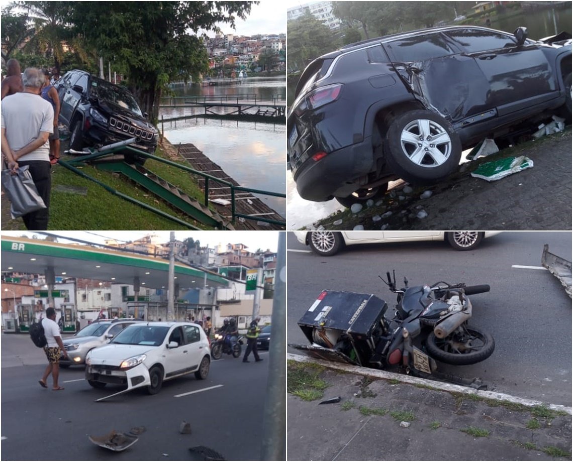 Acidente entre carros e moto tem ferido e veículo quase caindo no Dique do Tororó 