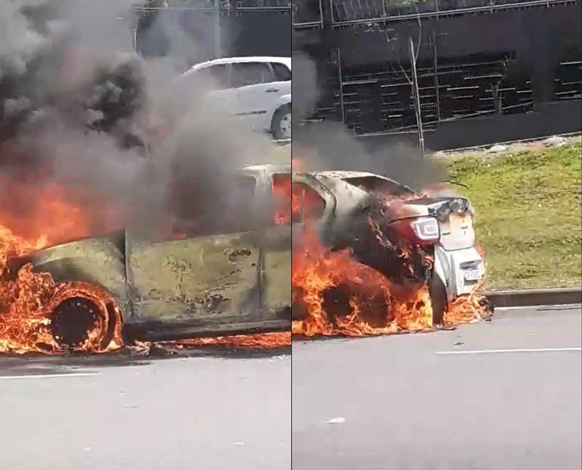 Carro pega fogo na Avenida ACM na manhã deste domingo; incidente não afetou o trânsito