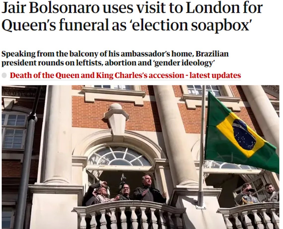 Jornal britânico The Guardian diz que Bolsonaro usou funeral da rainha Elizabeth II como palanque político