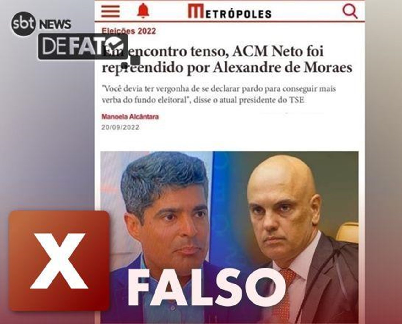 FALSO: Site não noticiou repreensão de Alexandre de Moraes a ACM Neto