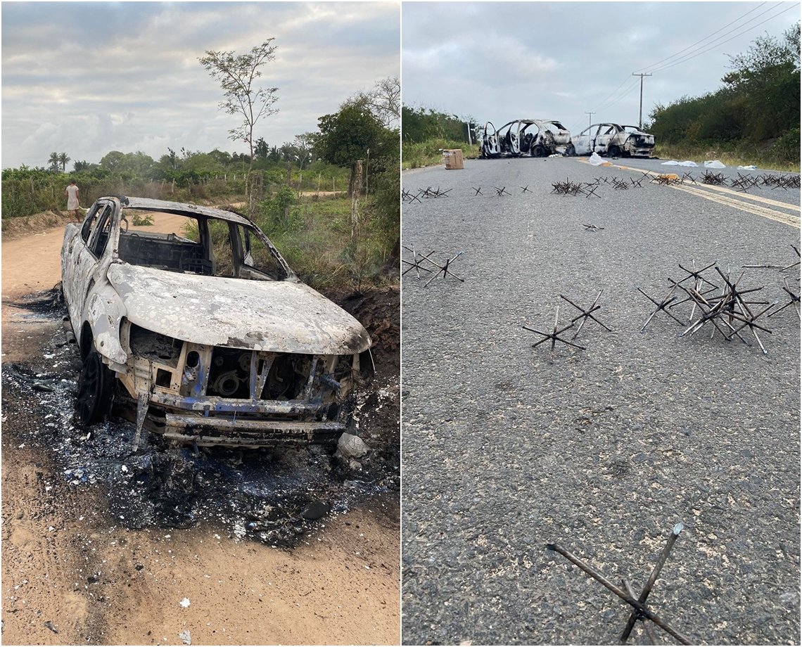 Irará: carros utilizados em ataques a bancos são encontrados incendiados; grupo estava com fuzil