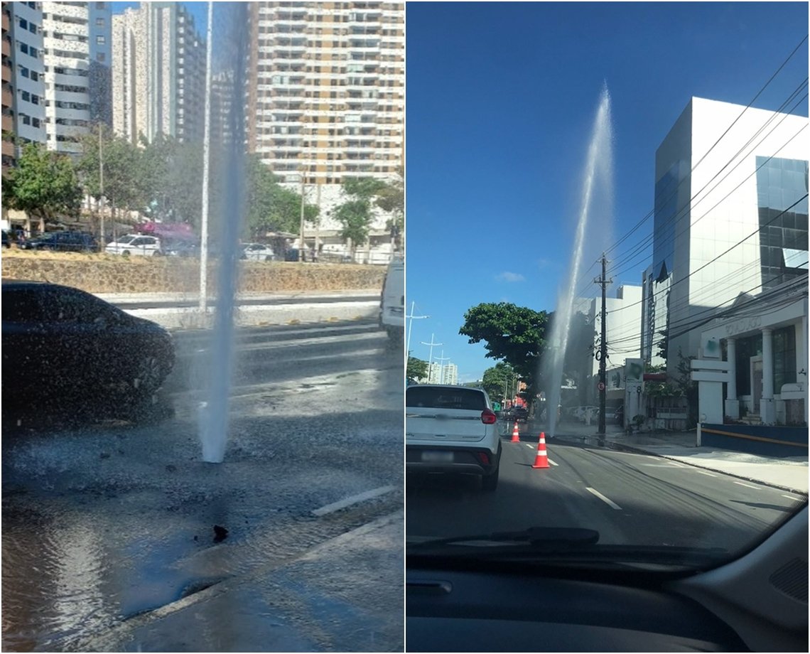 Água jorra no meio da pista e trecho da Avenida ACM é isolado; vídeo