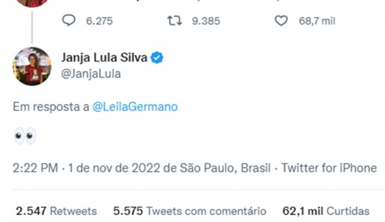 Internauta pergunta se Janja já deu 'aquela transada' com Lula eleito e ela responde com emoji